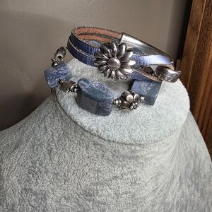 2 Floral Silver and Blue Bracelets- 1 with Blue Stones Closure Stamped 925